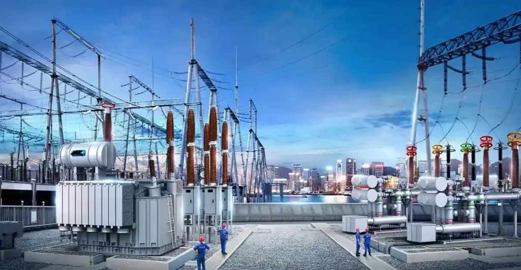 Outdoor substation with transformers and high-voltage switchgear at a utility site